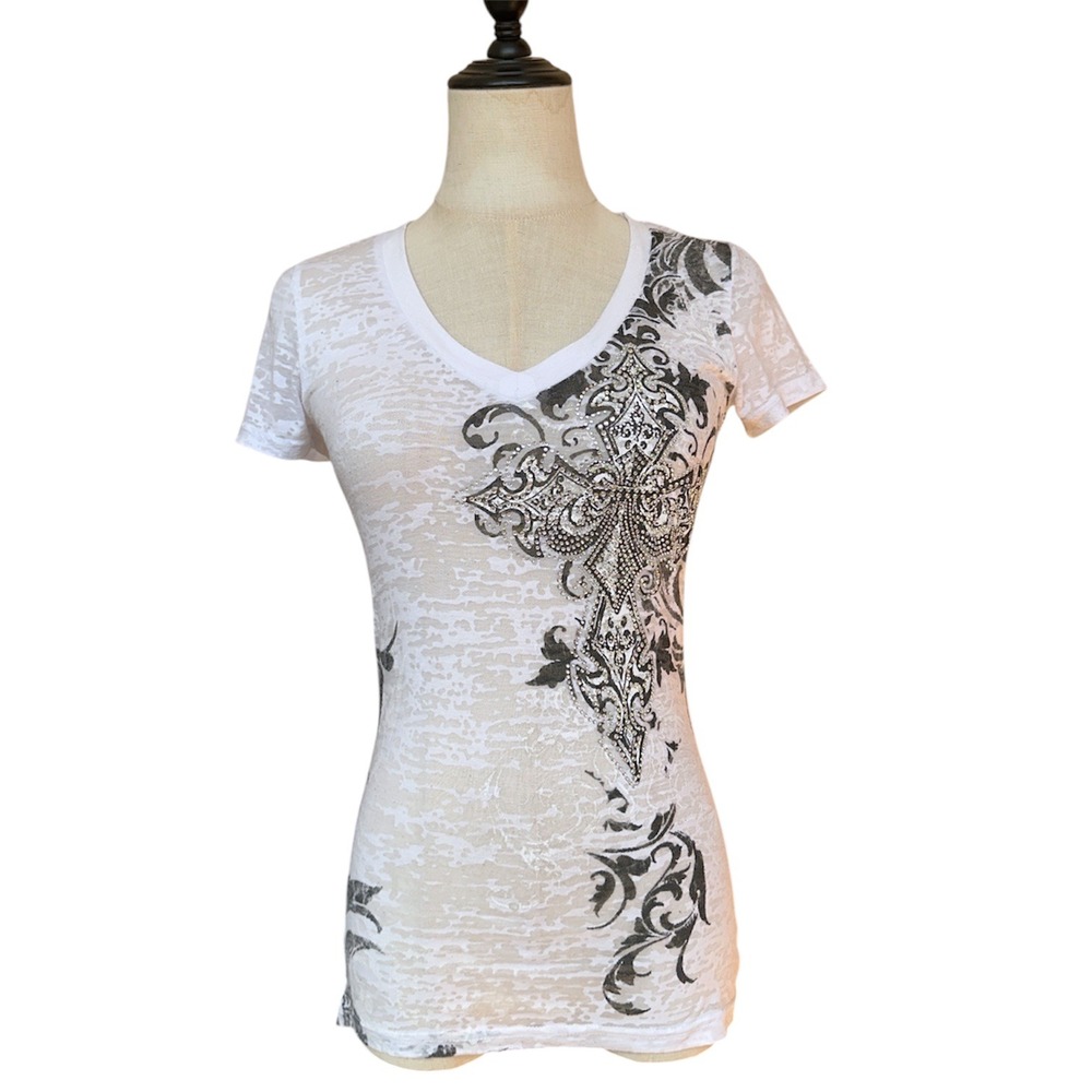 Zona Libre V-Neck Tee Women Small White Rhinestone Gothic Cross Burnout Y2K Top